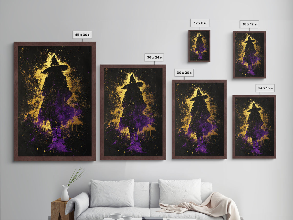 Witch Silhouette Metallic Gold Art Metal Art Spooky Season Gothic Halloween Horror Painting with rustic real wood frame