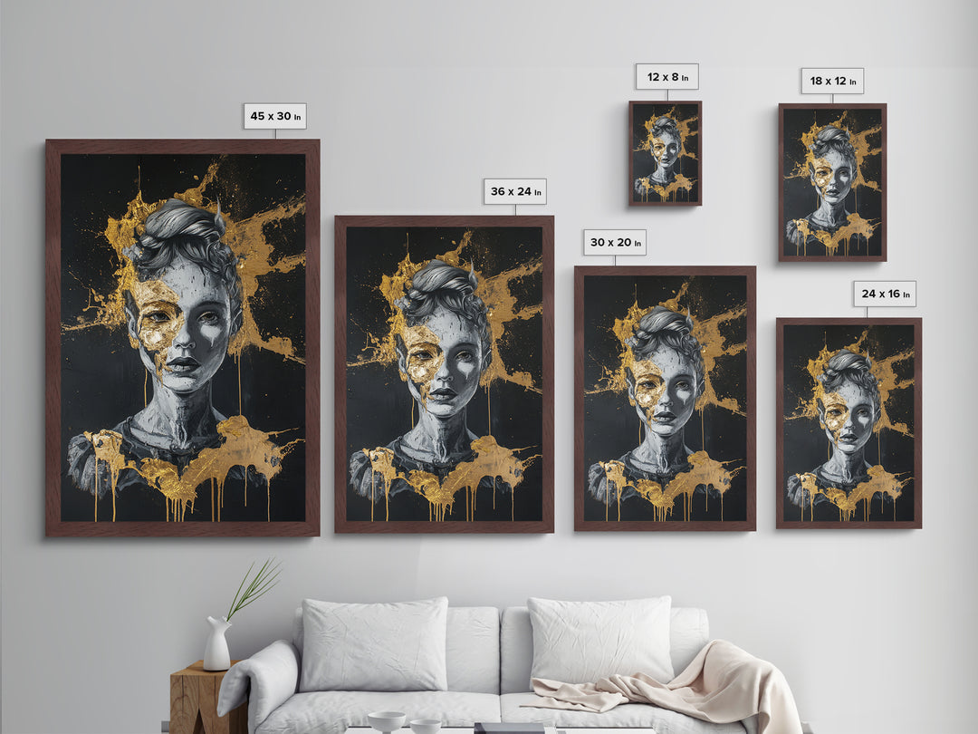 Broken Doll Portrait Metallic Gold Art Metal Art Creepy Gothic Halloween Wall Decor framed in authentic natural wood
