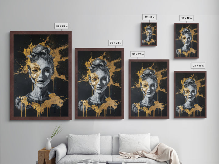 Broken Doll Portrait Metallic Gold Art Metal Art Creepy Gothic Halloween Wall Decor framed in authentic natural wood