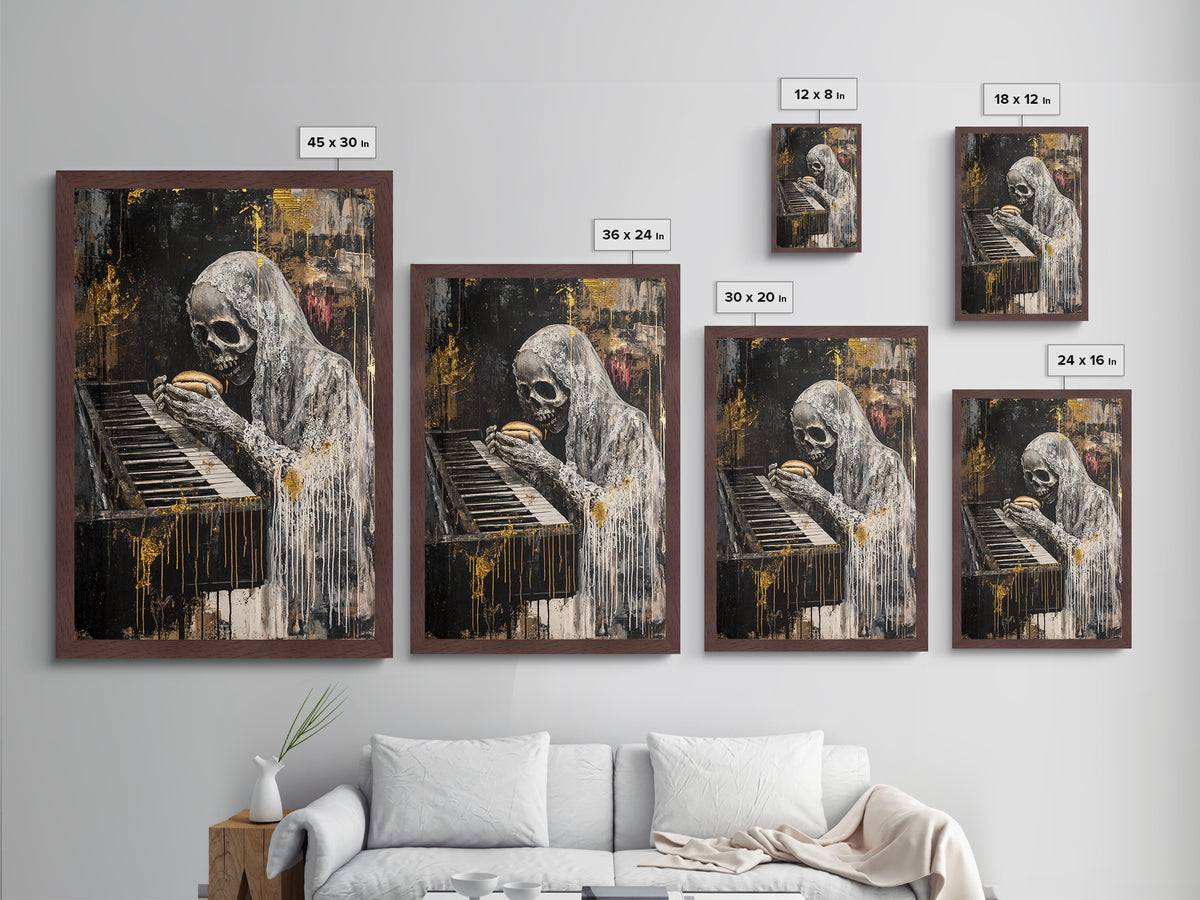Skeleton at Piano Metallic Gold Art Metal Art Spooky Gothic Halloween Horror Wall Hanging in rustic real wood framing