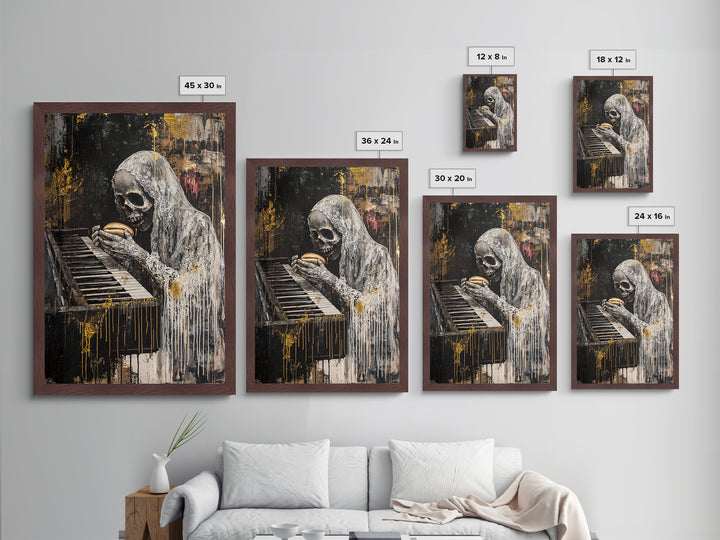 Skeleton at Piano Metallic Gold Art Metal Art Spooky Gothic Halloween Horror Wall Hanging in rustic real wood framing