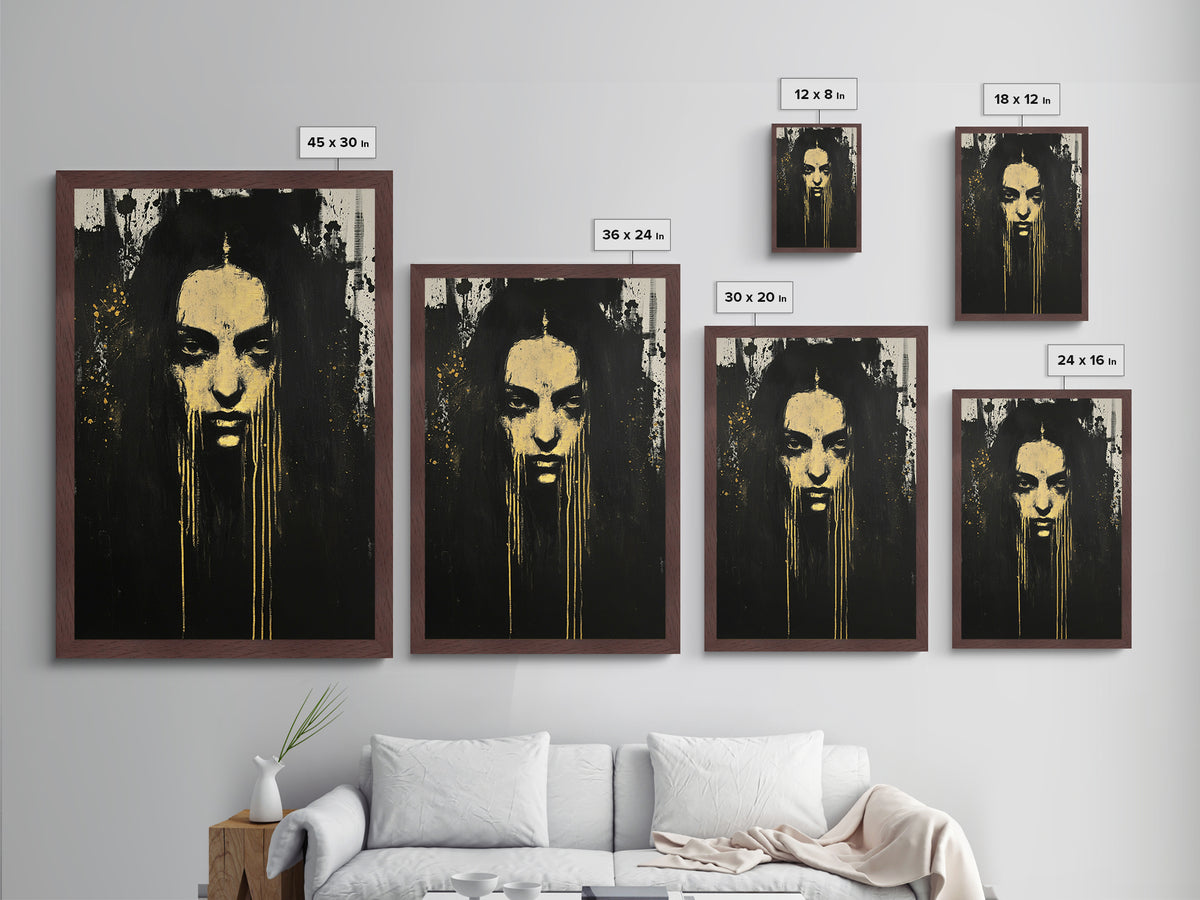 Gothic Horror Metallic Gold Art Metal Art Haunted Woman Portrait With Real Wood Framed Finish Spooky Halloween Wall Art