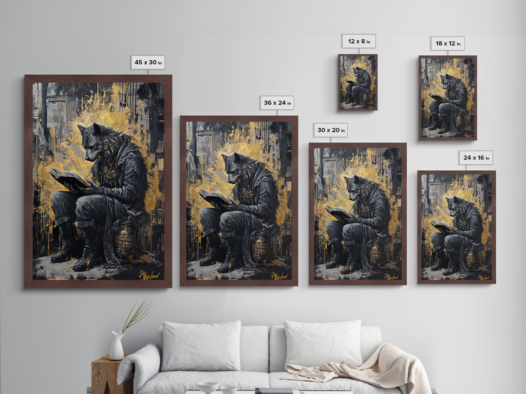 Haunted Wolf Scholar Reading Book | Spooky Halloween Gothic Metallic Gold Art | Framed Metal Art In Natural Real Wood