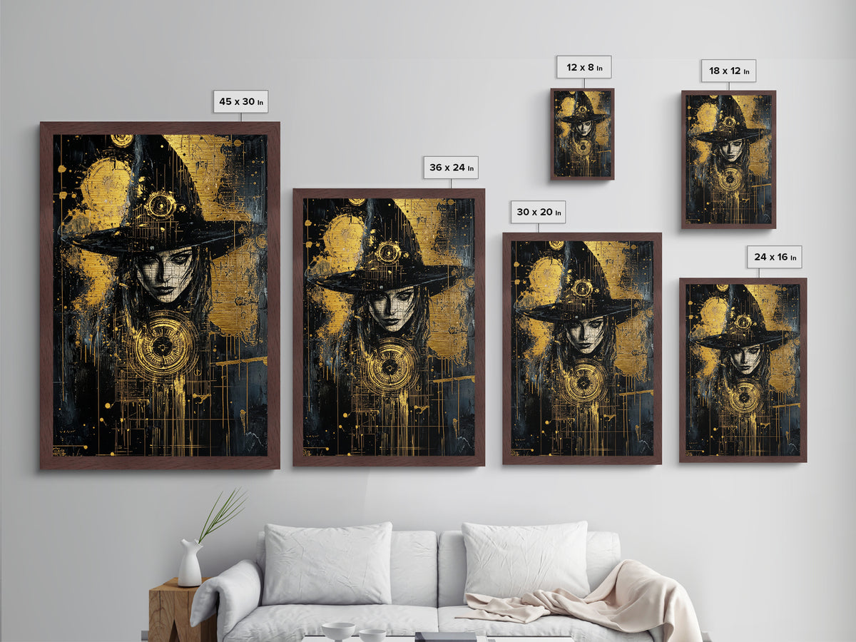 Witch In Gothic Hat With Symbols | Witchy Halloween Decor Metallic Gold Art | Intricate Metal Art Piece With Wood Frame