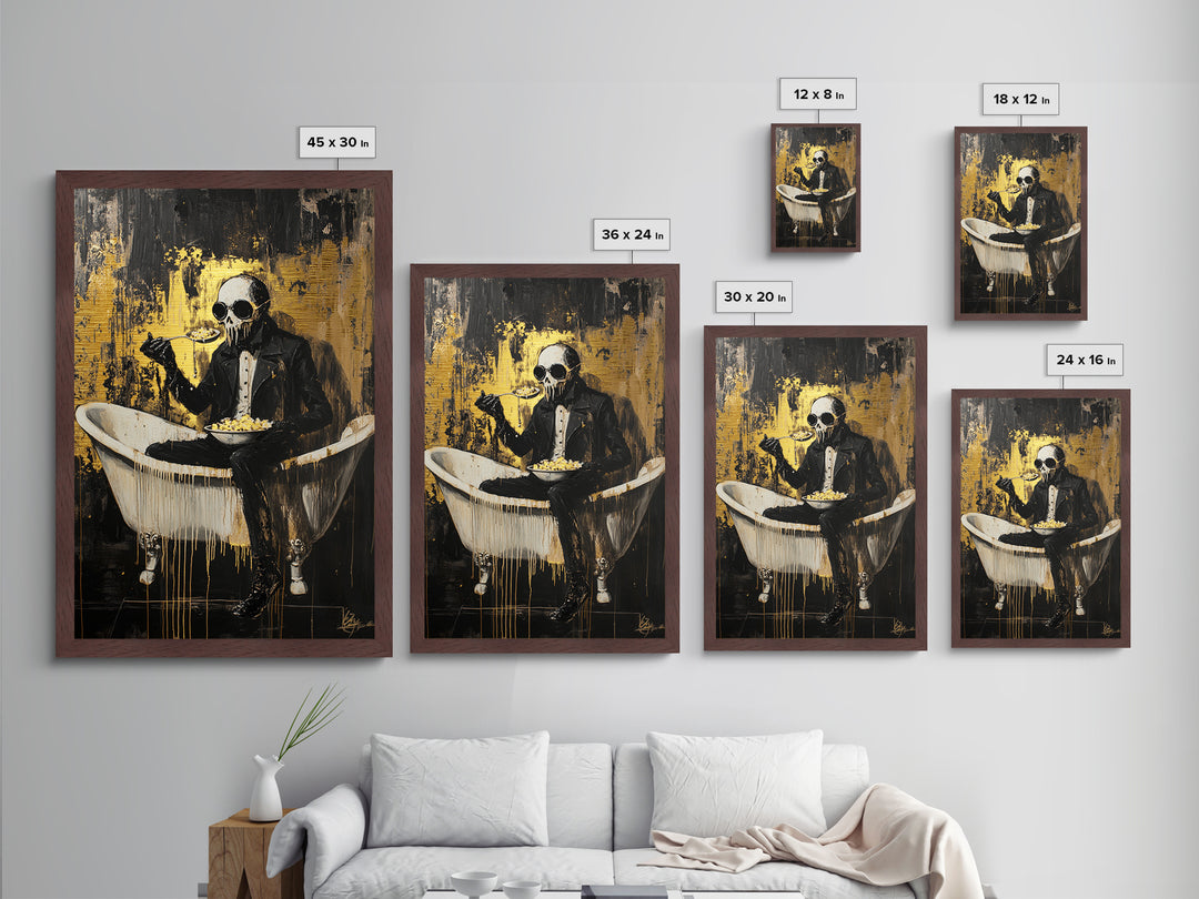 Skeleton Gentleman In Bathtub Eating | Dark Halloween Horror Metallic Gold Art | Macabre Metal Art Framed In Solid Wood