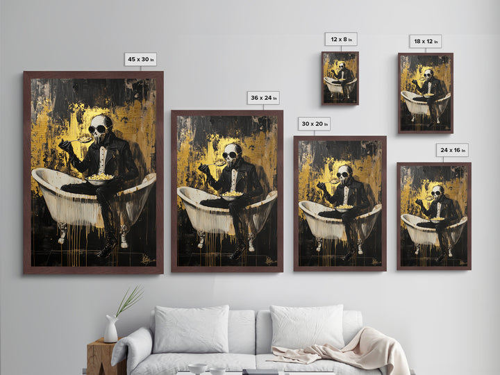 Skeleton Gentleman In Bathtub Eating | Dark Halloween Horror Metallic Gold Art | Macabre Metal Art Framed In Solid Wood