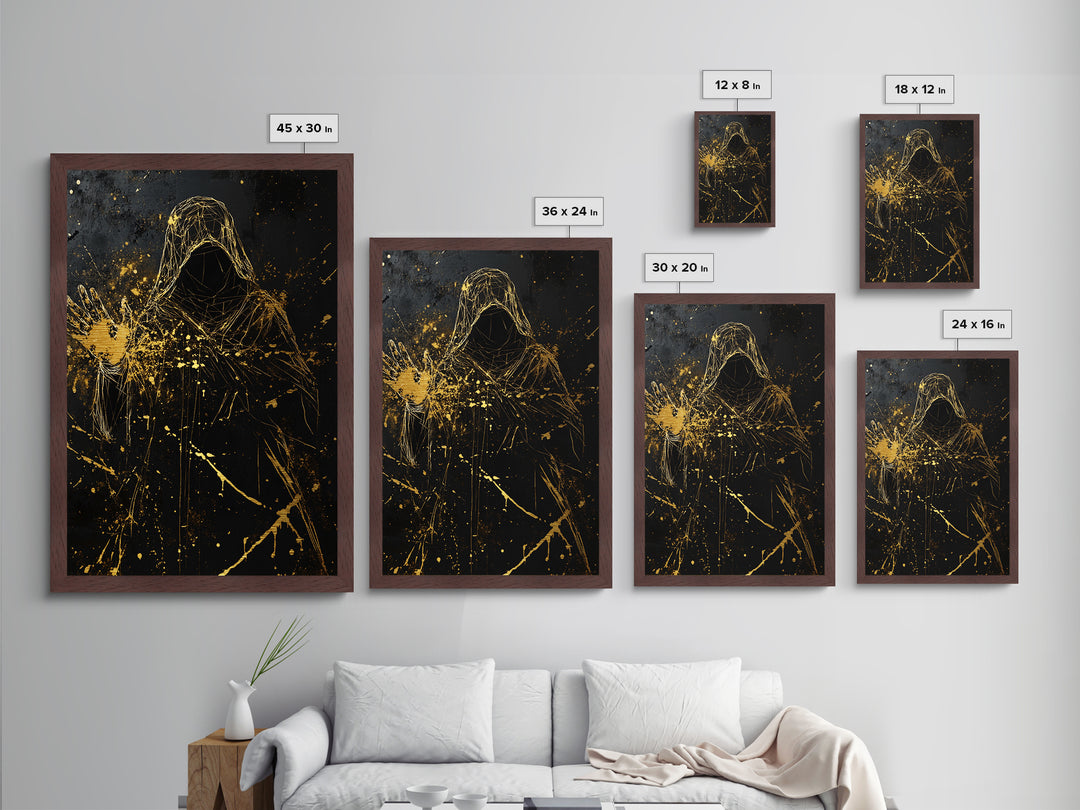 Hooded Sorcerer Metallic Gold Art, Spooky Gothic Metal Art, Haunted Season Wall Hanging Framed in Real Wood