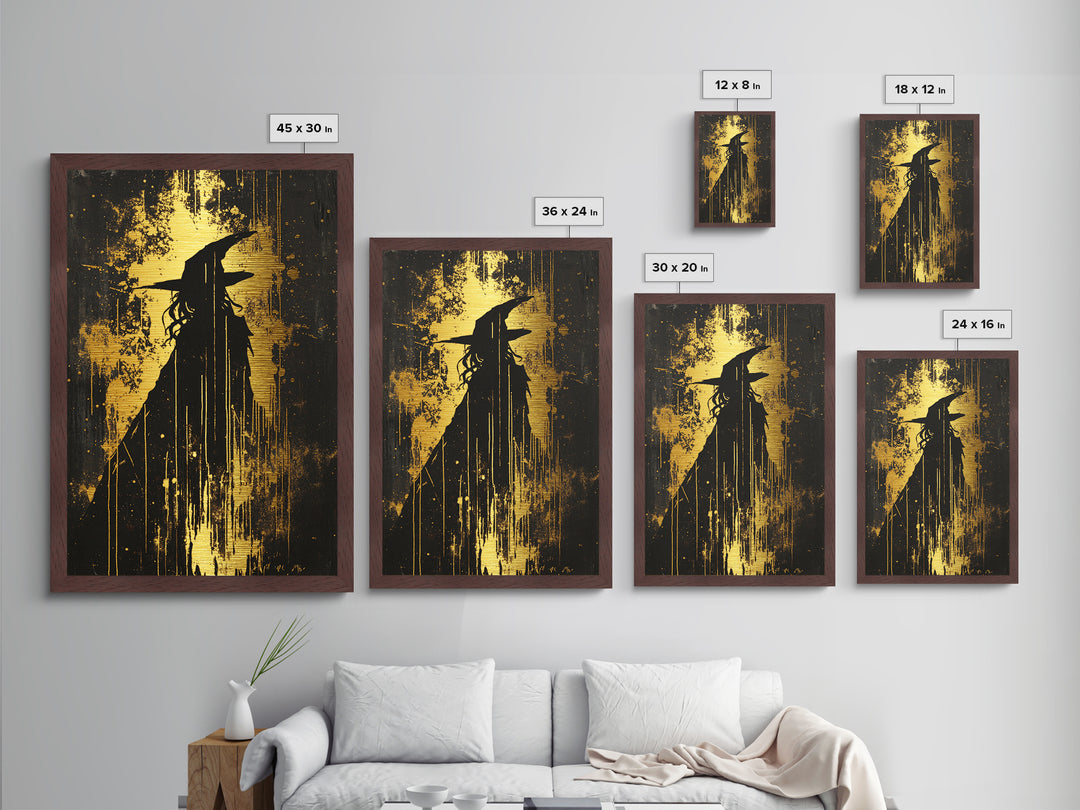 Witch Silhouette With Dripping Paint | Gothic Haunted Halloween Metallic Gold Art | Striking Metal Art Framed In Real Wood