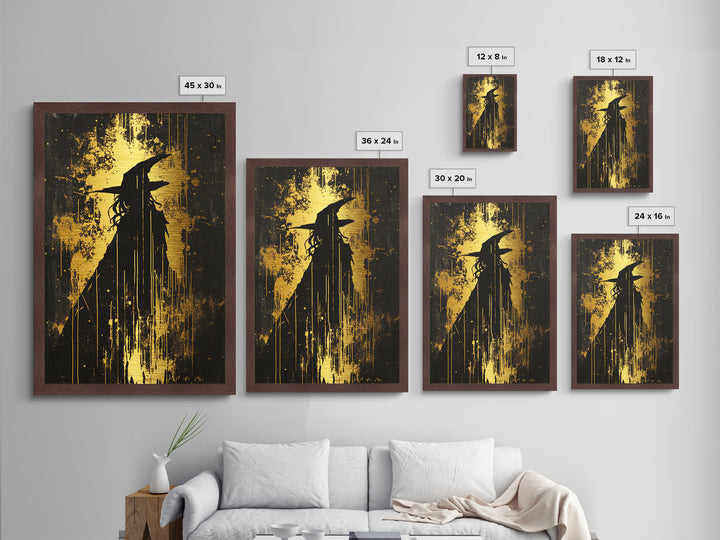 Witch Silhouette With Dripping Paint | Gothic Haunted Halloween Metallic Gold Art | Striking Metal Art Framed In Real Wood