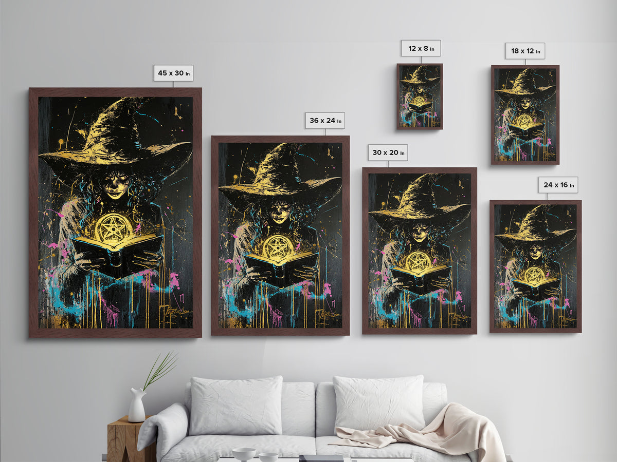 Witchy Spell Book Metallic Gold Art Metal Art | Spooky Halloween Wall Decor Framed In Real Wood For Gothic Home Style