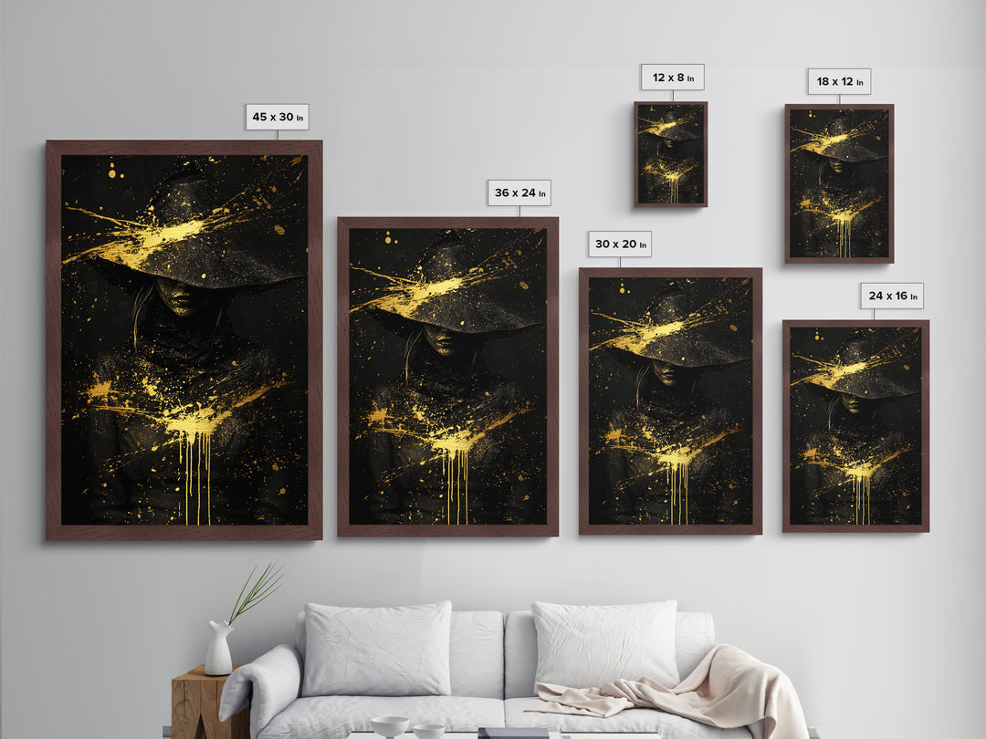 Haunted Witch Portrait Metal Art Metallic Gold Art | Creepy Halloween Wall Hanging With Natural Wood Frame