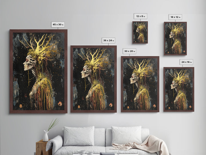 Skeleton Forest Queen Metallic Gold Art Metal Art | Gothic Halloween Decor With Real Wood Framing For Spooky Season