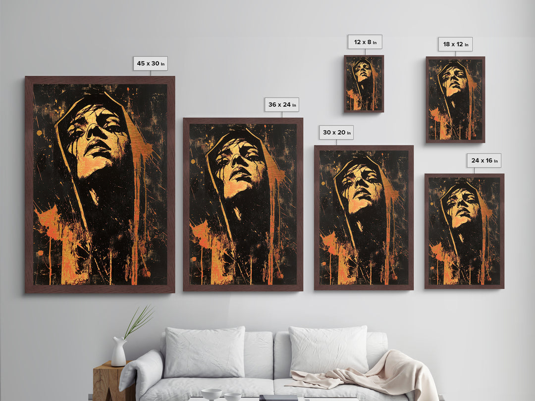 Blood Moon Hooded Woman Metal Art Metallic Gold Art | Dark Gothic Halloween Wall Decor Mounted In Real Wood Frame