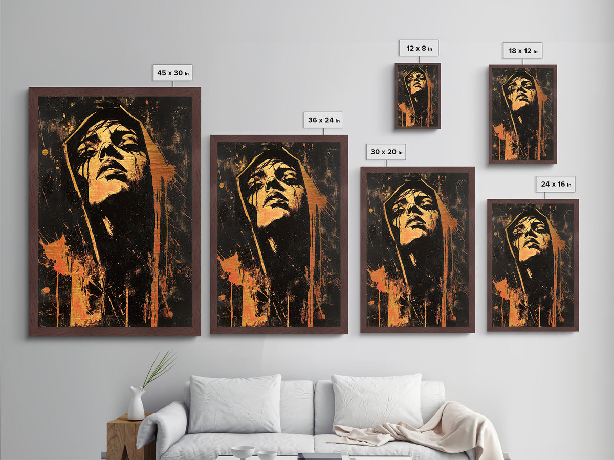 Blood Moon Hooded Woman Metal Art Metallic Gold Art | Dark Gothic Halloween Wall Decor Mounted In Real Wood Frame