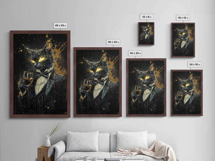 Black Cat Gentleman Metallic Gold Art, Spooky Gothic Metal Art Halloween Wall Decor, Horror Painting with Wooden Frame