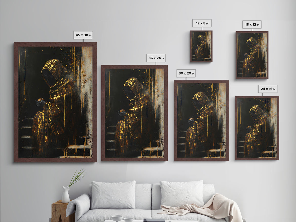 Haunted Hooded Figure Metallic Gold Art, Gothic Horror Metal Art with Pumpkin Bun, Framed in Real Wood for Spooky Halloween Decor