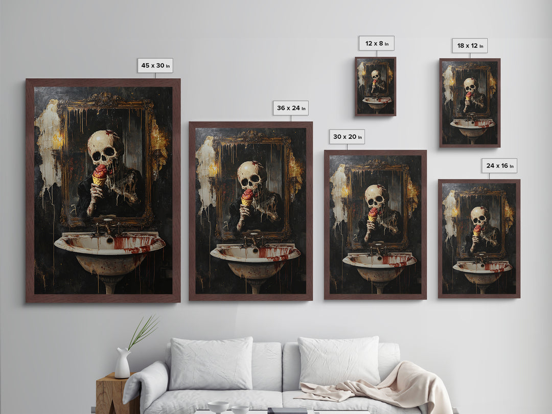 Skeleton Eating Ice Cream Metallic Gold Art, Creepy Gothic Metal Art Wall Hanging, Halloween Horror Artwork in Real Wood Frame