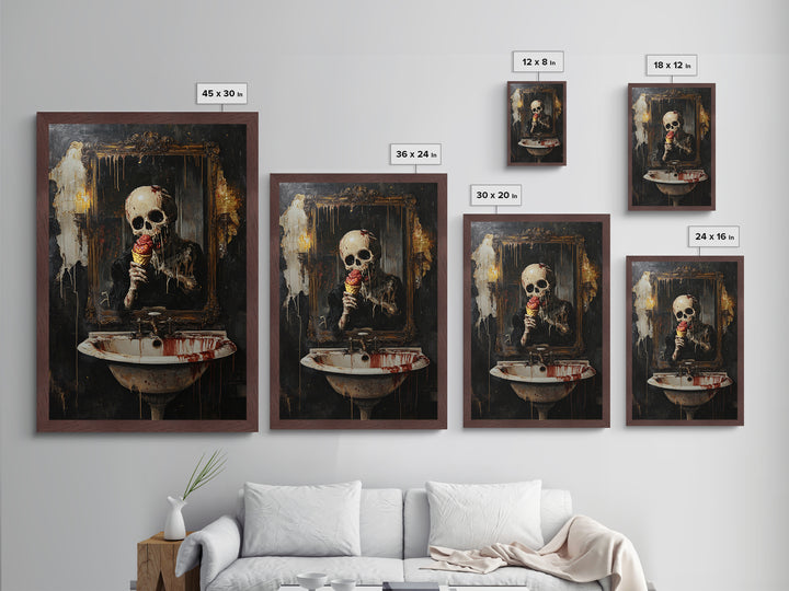 Skeleton Eating Ice Cream Metallic Gold Art, Creepy Gothic Metal Art Wall Hanging, Halloween Horror Artwork in Real Wood Frame