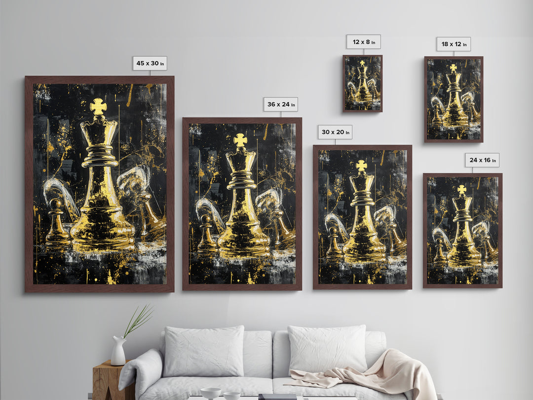 Haunted Chess King Metallic Gold Art, Gothic Horror Metal Art for Halloween Game Room, Creepy Wall Decor with Natural Wood Frame