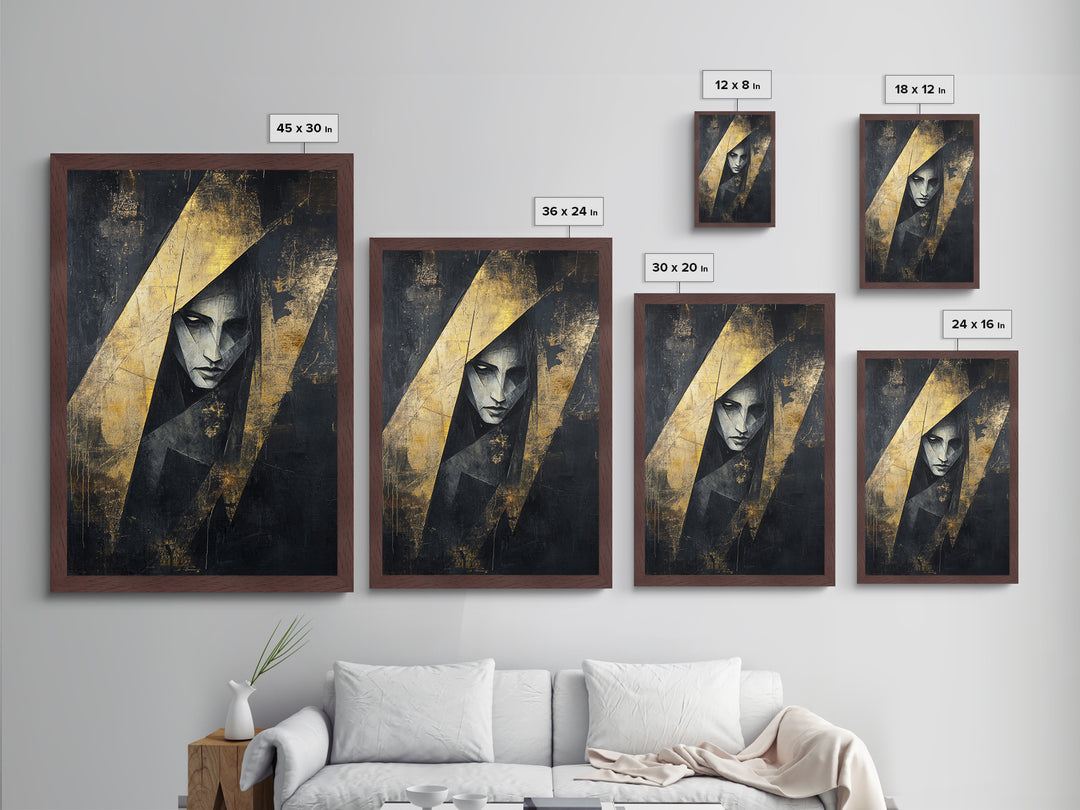 Witch Hat Woman Metallic Gold Art, Vibrant Spooky Season Metal Art Painting, Gothic Halloween Horror Artwork in Real Wood Frame