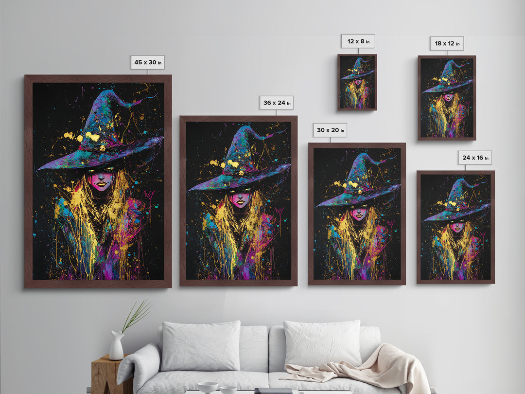 Rainbow Witch Graffiti Art, Metallic Gold Art, Metal Gold Print, Wood Framed Halloween Wall Art