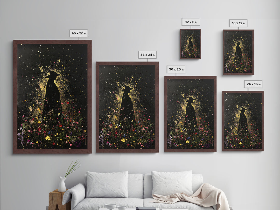 Witchy Garden Silhouette Metallic Gold Art, Spooky Season Wall Decor Metal Art, Framed In Natural Real Wood Gothic Halloween