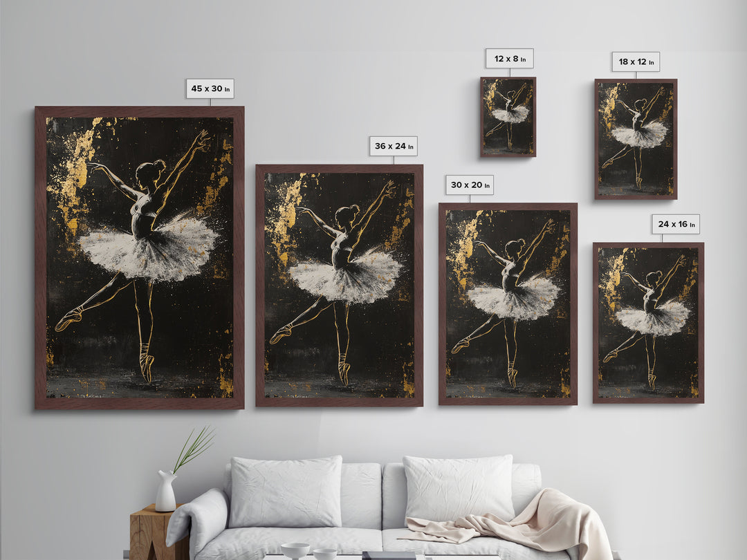 Ballerina Of Shadows Metallic Gold Art, Haunted Ballet Metal Art, Gothic Halloween Dance Wall Decor In Real Wood Frame