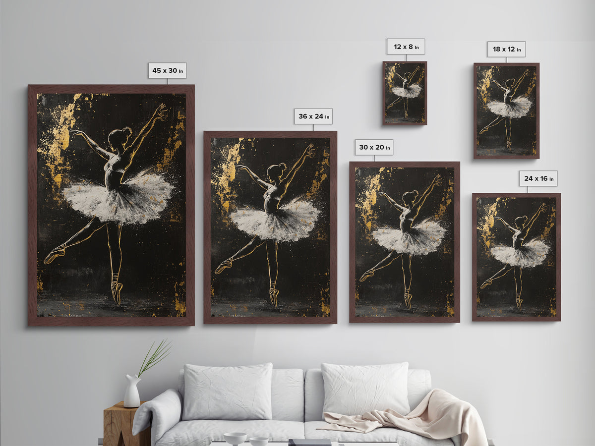 Ballerina Of Shadows Metallic Gold Art, Haunted Ballet Metal Art, Gothic Halloween Dance Wall Decor In Real Wood Frame