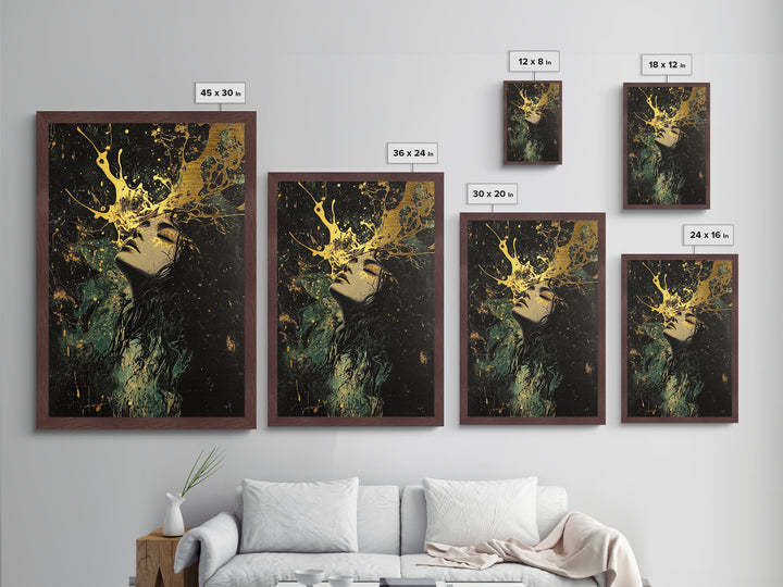Floral Crown Witch Portrait Metallic Gold Art, Haunted Season Metal Art, Gothic Wall Painting with Natural Wood Frame