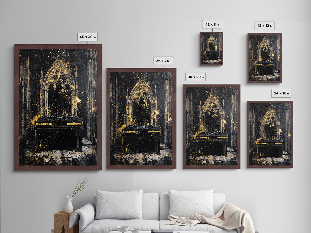 Cathedral DJ Metallic Gold Art, Gothic Haunted Music Scene Metal Art, Spooky Halloween Wall Decor Framed In Real Wood