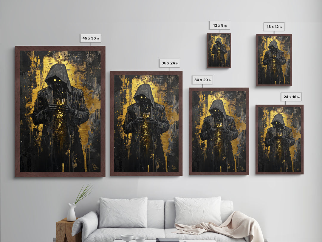 Dark Hooded Figure Metallic Gold Art, Spooky Gothic Horror Portrait Metal Art, Halloween Wall Decor In Real Wood Frame