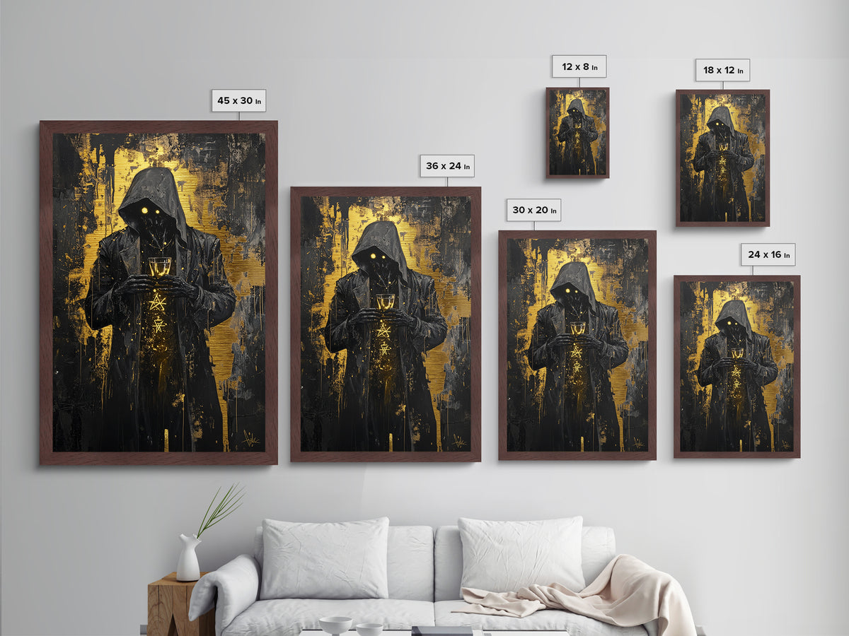 Dark Hooded Figure Metallic Gold Art, Spooky Gothic Horror Portrait Metal Art, Halloween Wall Decor In Real Wood Frame