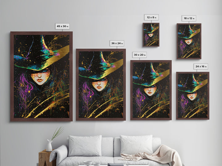 Witchy Woman Halloween Portrait Metallic Gold Art Metal Art With Gothic Spooky Style Framed In Natural Real Wood