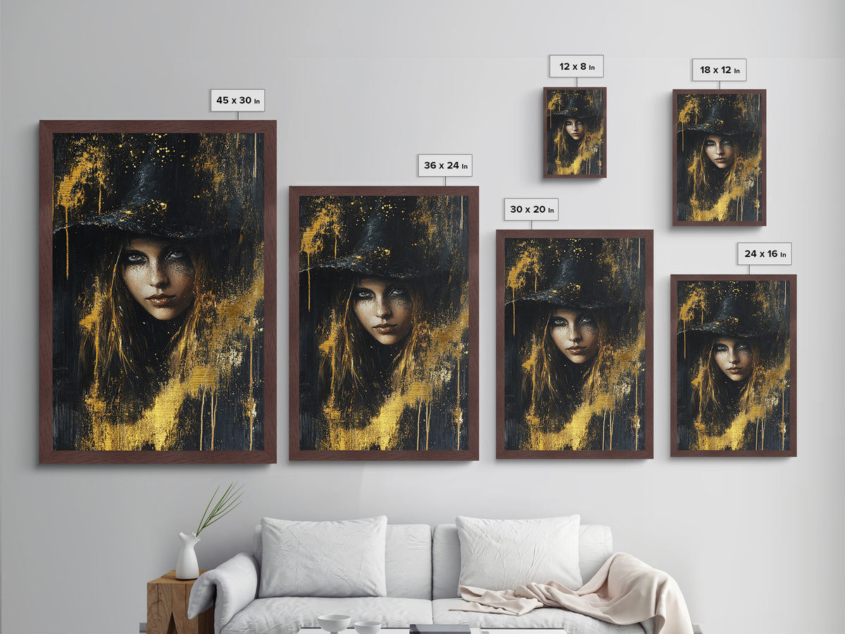 Haunted Golden Witch Metallic Gold Art Metal Art For Halloween Gothic Home Decor With Real Wood Frame