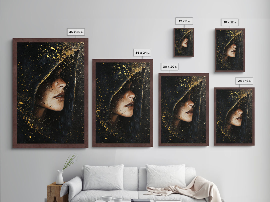 Spooky Hooded Sorceress Side Profile Metallic Gold Art Metal Art Gothic Halloween Artwork In A Real Wood Frame