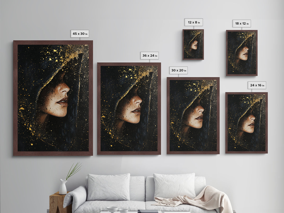 Spooky Hooded Sorceress Side Profile Metallic Gold Art Metal Art Gothic Halloween Artwork In A Real Wood Frame