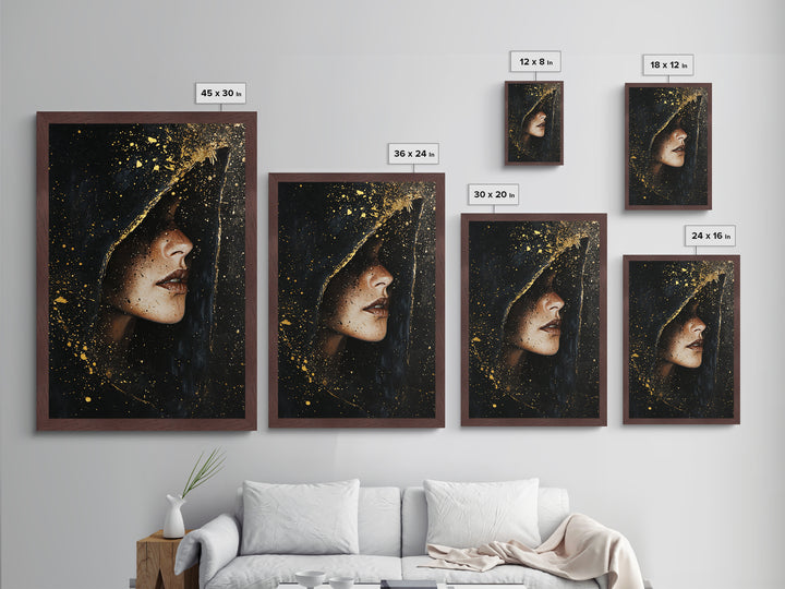Spooky Hooded Sorceress Side Profile Metallic Gold Art Metal Art Gothic Halloween Artwork In A Real Wood Frame