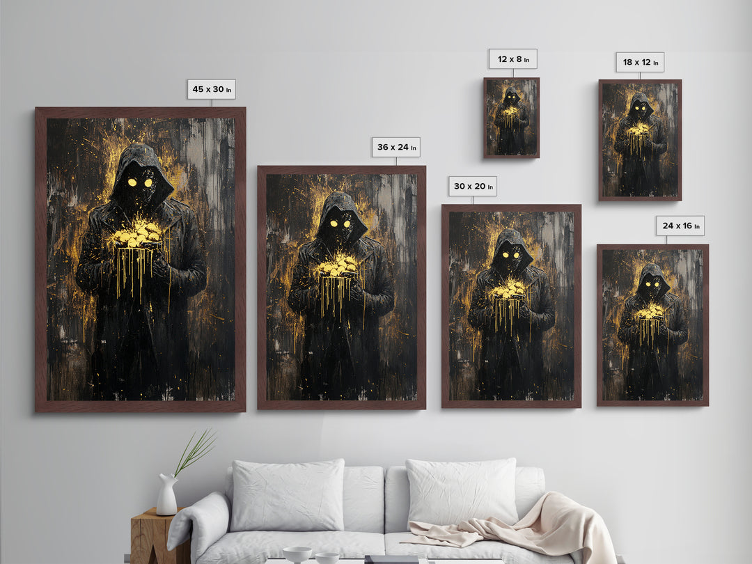 Creepy Hooded Figure Holding Eggs Metallic Gold Art Metal Art Haunted Spooky Season Wall Decor With Natural Wood Frame