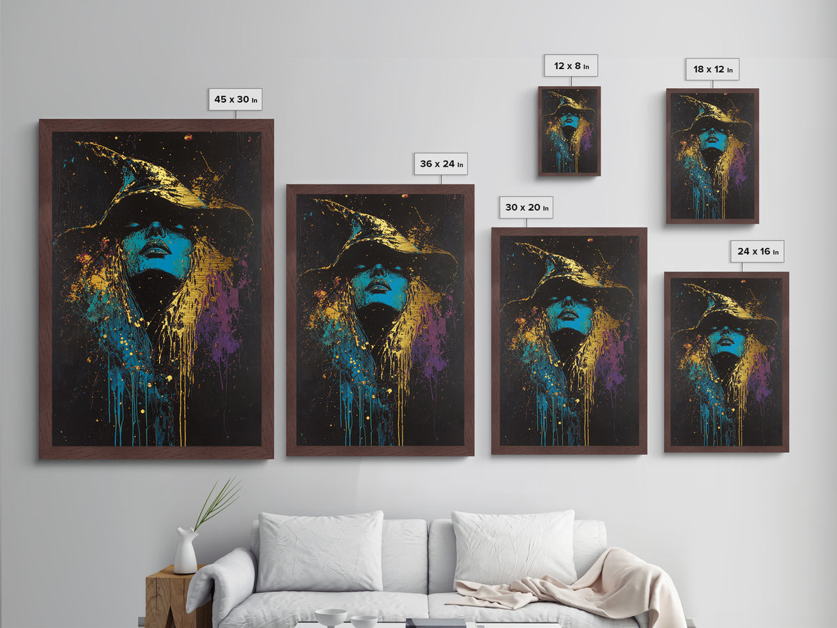 Witch Hat Gothic Glow Metallic Gold Art Metal Art Spooky Halloween Abstract Drip Painting Framed In Real Wood