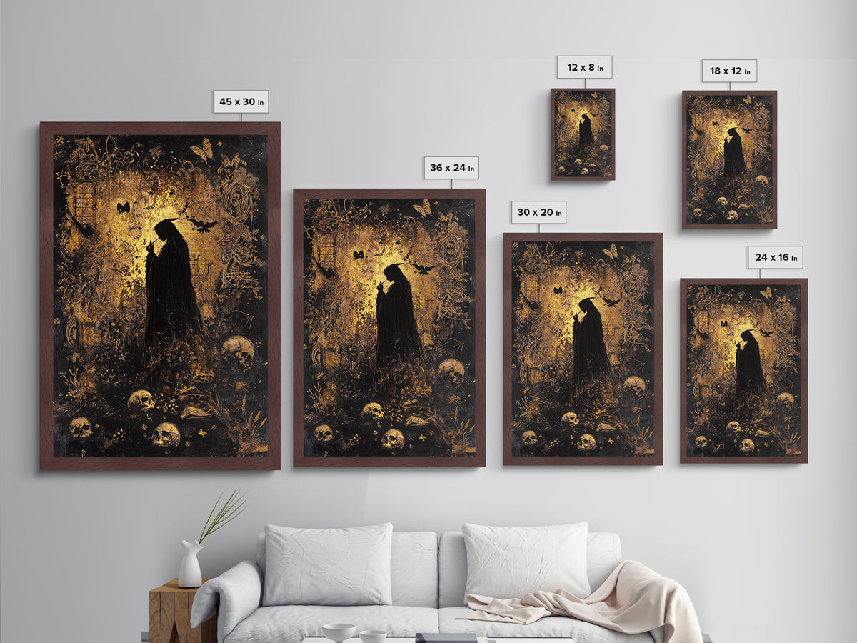 Dark Forest Sorceress Surrounded By Skulls Metallic Gold Art Metal Art Haunted Gothic Style With Real Wood Frame