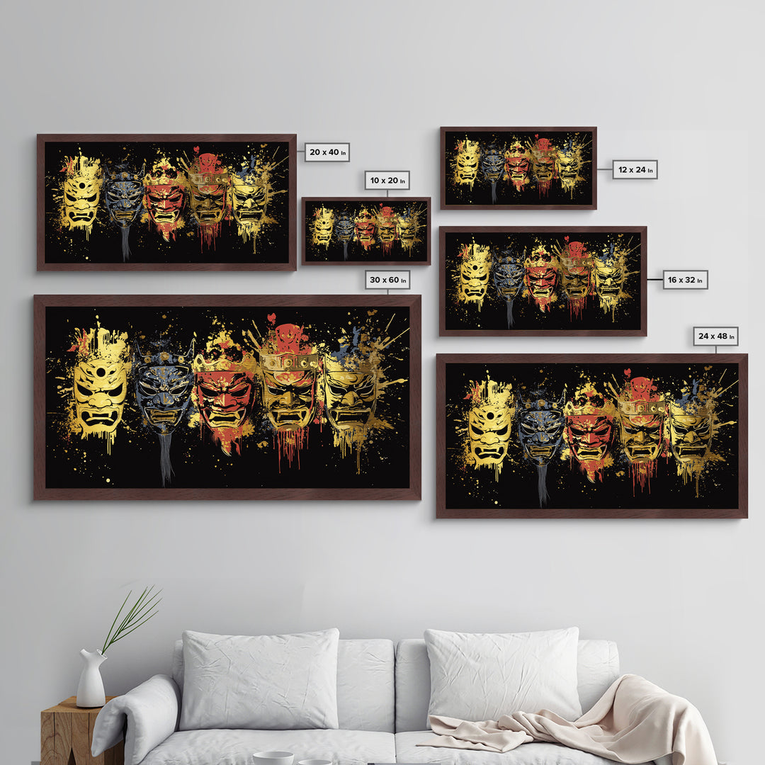 Tribal Mask Metallic Gold Art, Primitive Splatter Metal Print, Real Wood Frame Wall Décor, Ethnic Gothic Statement Artwork