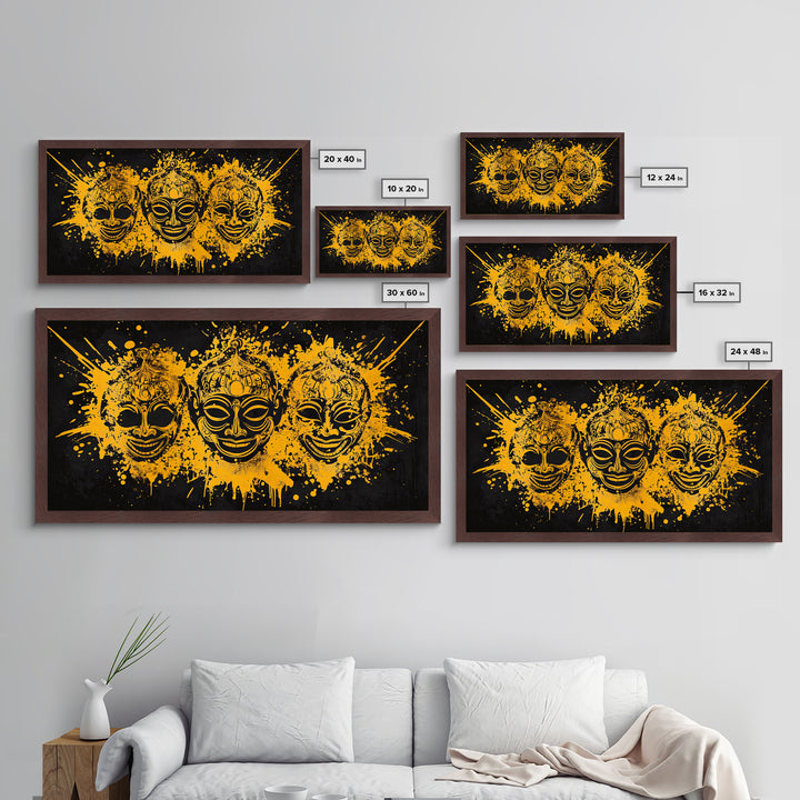 Ancient Warrior Mask Metallic Gold Art, Tribal Splatter Metal Print, Real Wood Frame Wall Décor, Bold Dramatic Statement Art
