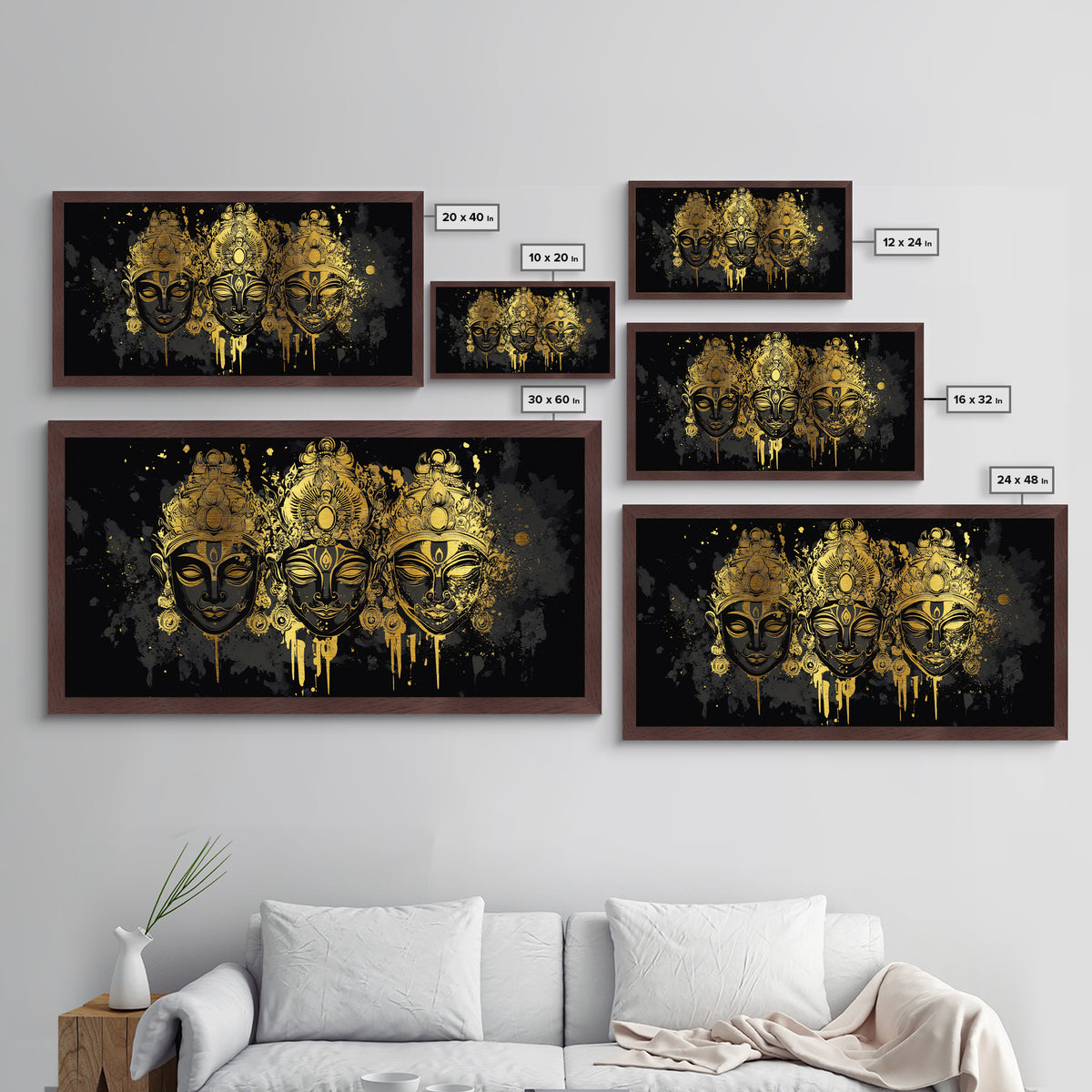 Ornate Demon Mask Metallic Gold Metal Print, Splatter Tribal Art On Metal, Real Wood Frame Wall Décor, Fierce Gothic Statement Artwork