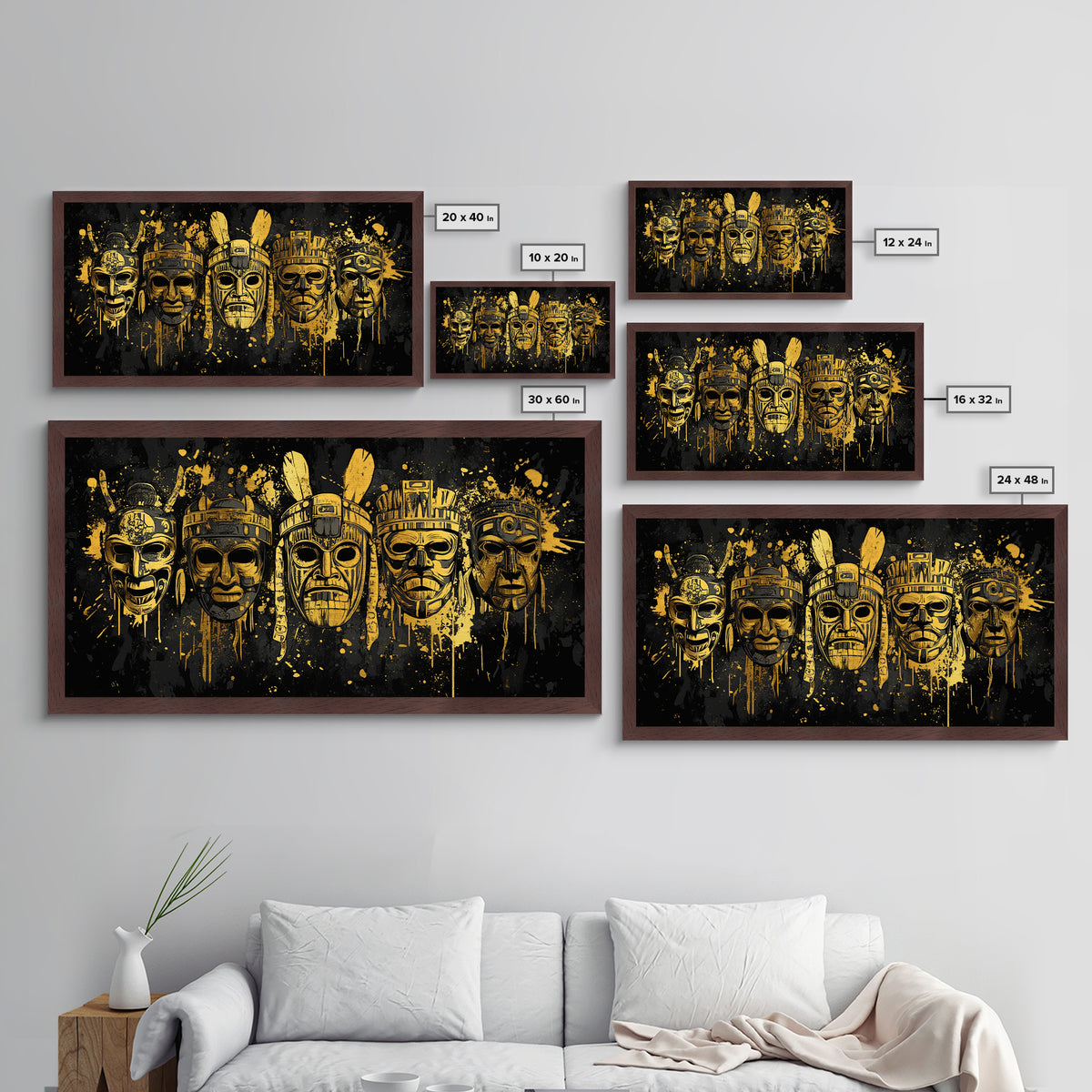 Mythical Demon Mask Metallic Gold Art, Splatter Fierce Mask Metal Print, Real Wood Frame Wall Décor, Bold Dramatic Statement Artwork