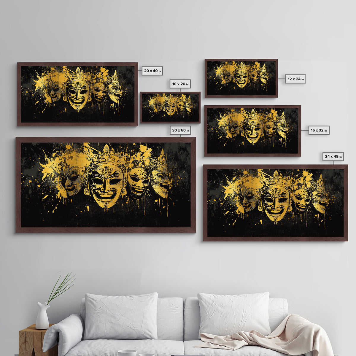 Regal Mask Set Metallic Gold Art, Splatter Tribal Demon Mask Metal Print, Real Wood Frame Wall Décor, Bold Fierce Statement Artwork