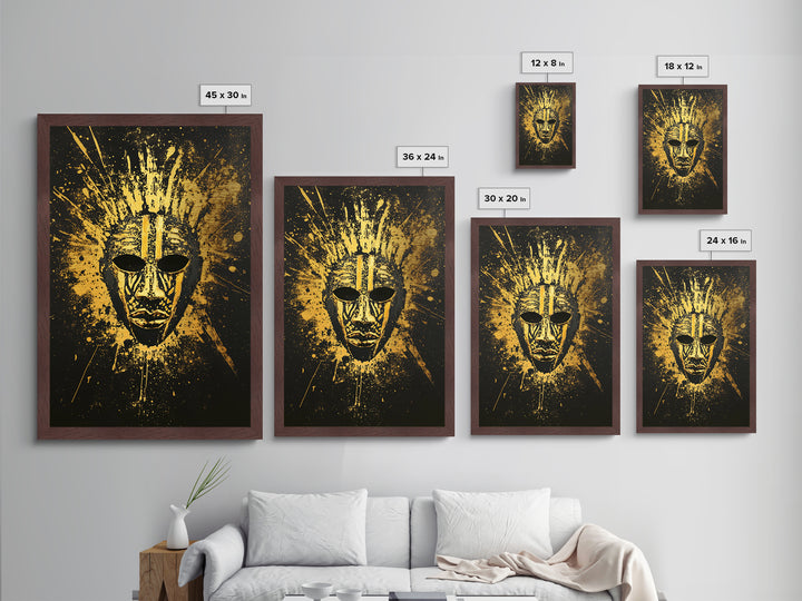 Ancient African Mask Metallic Gold Metal Print, Bold Face Art, Ethnic Splatter Wall Decor, Real Wood Frame
