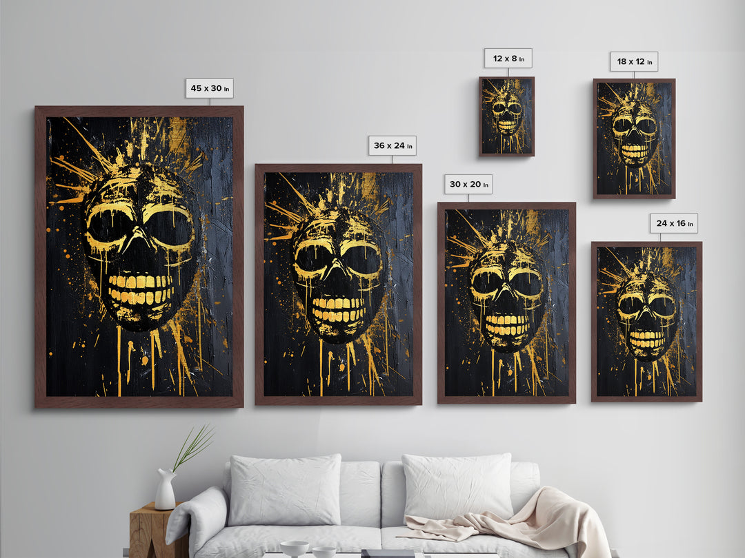 Golden Skull Mask Metallic Gold Metal Print, Dark Gothic Face Art, Horror Splatter Wall Decor, Real Wood Frame