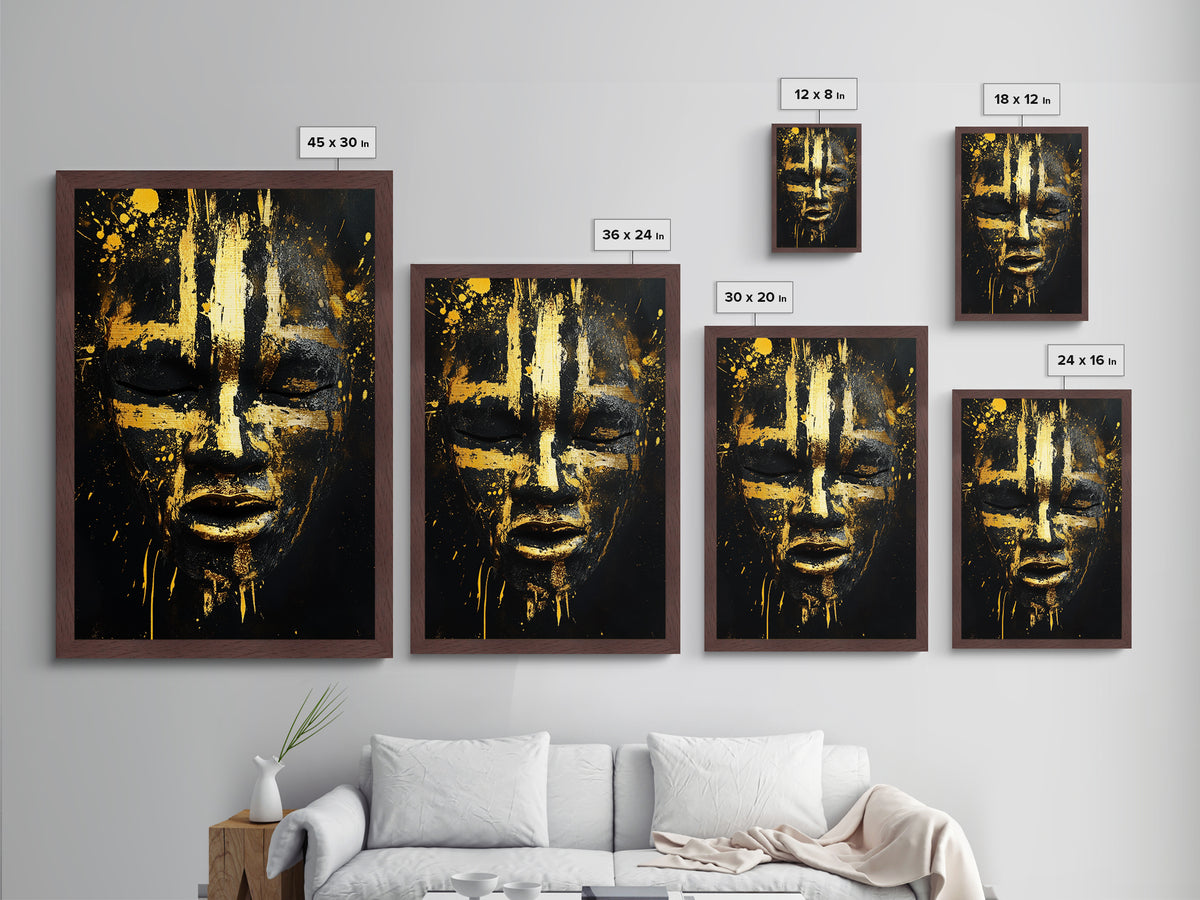 Abstract Painted Mask Metallic Gold Metal Print, Tribal Face Art, Bold Modern Wall Decor, Real Wood Frame