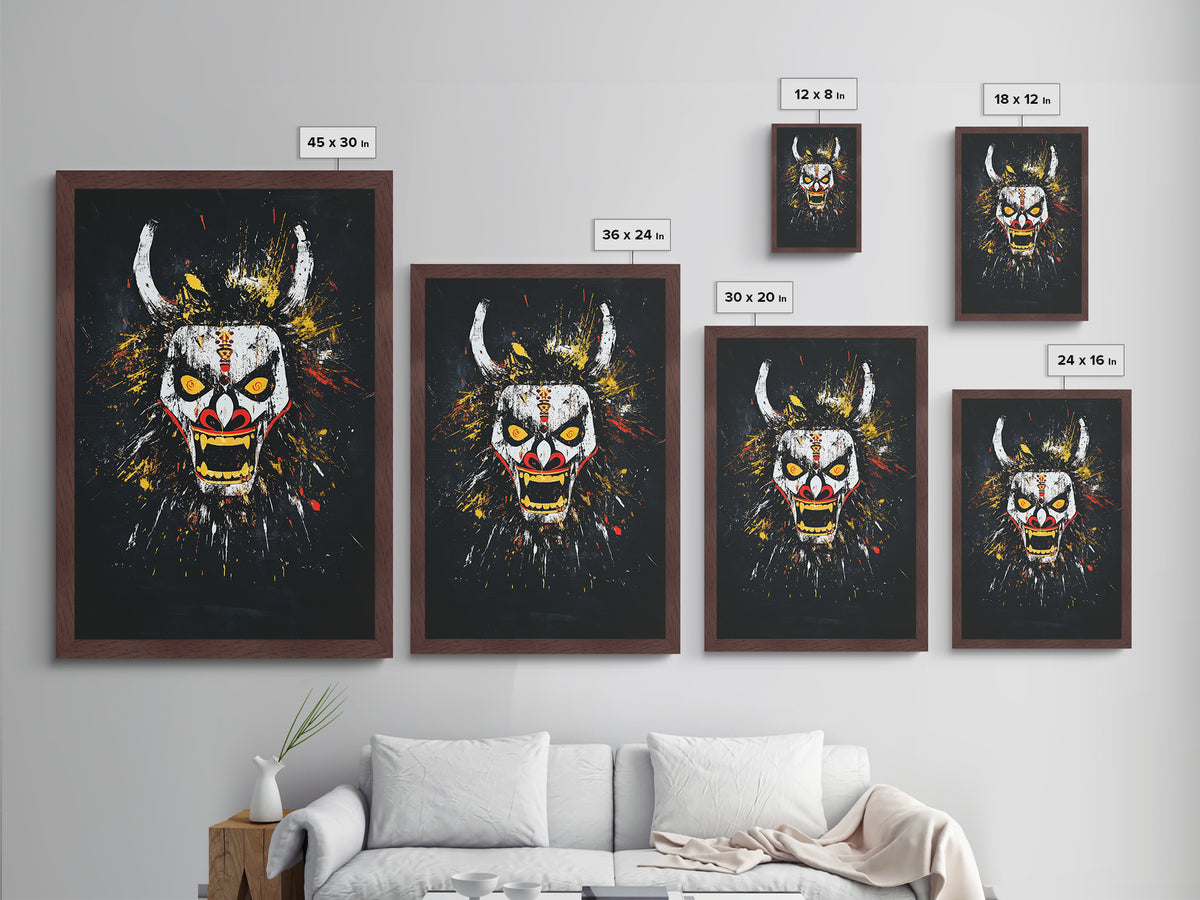 Fiery Demon Mask Metallic Gold Metal Print, Japanese Oni Face Art, Tribal Splatter Style Wall Decor, Real Wood Frame