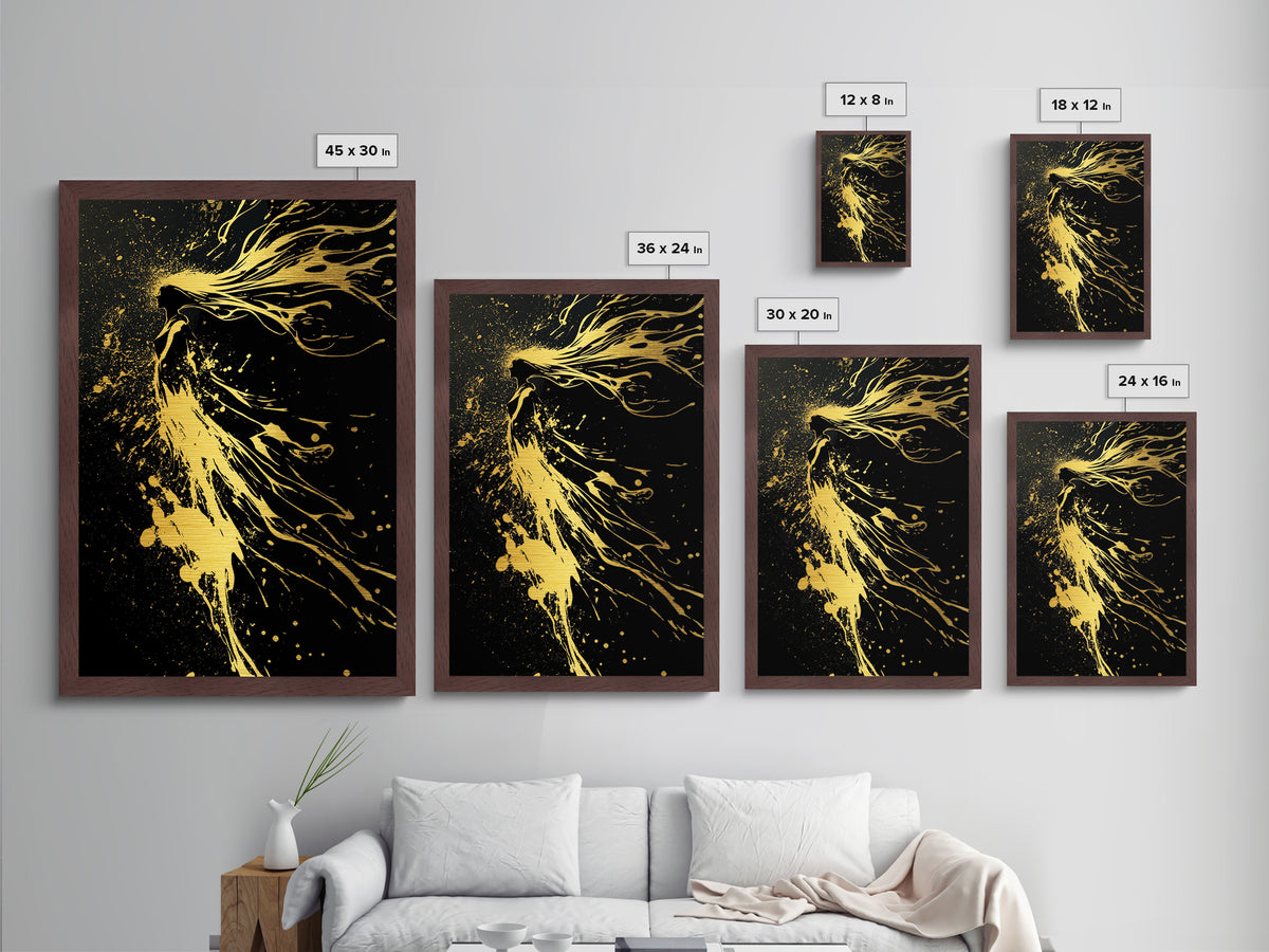 Golden Spirit Woman Metallic Gold Art, Flowing Abstract Female Silhouette, Modern Splatter Wall Decor, Real Wood Frame